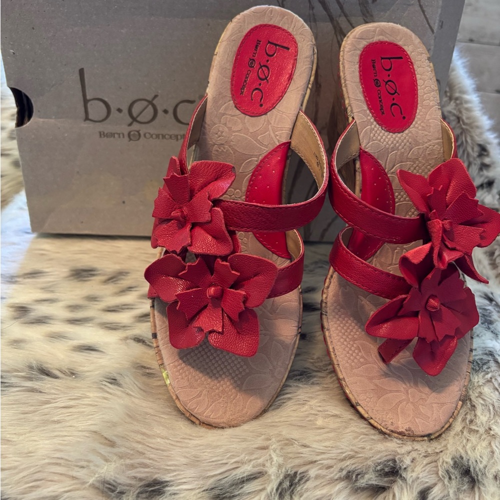 b.o.c. Red Floral Double-Strap Slide Mules